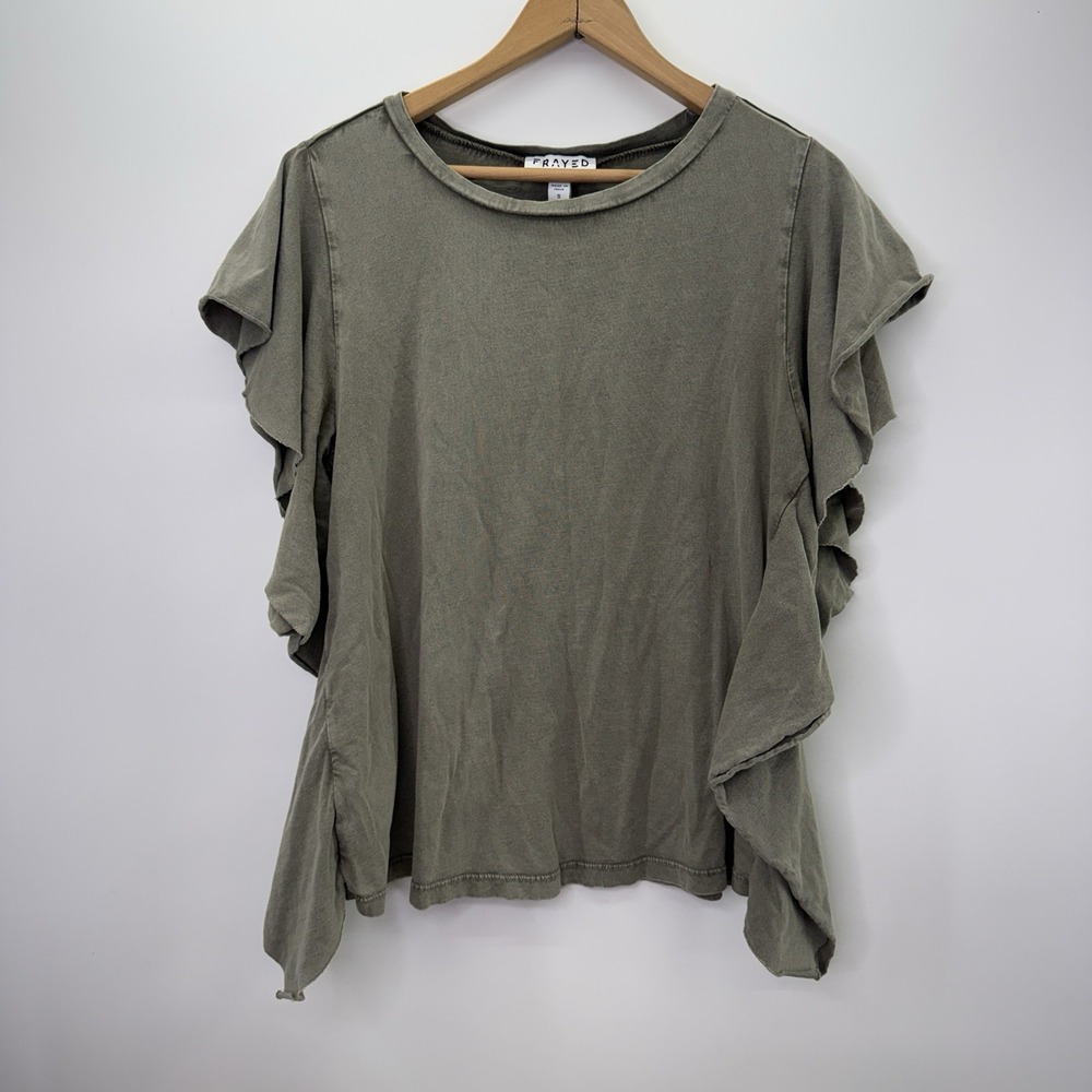 FRAYED Jeans Olive Green Flutter Sleeve Top Short Sleeve Shirt Women's Sz SMALL